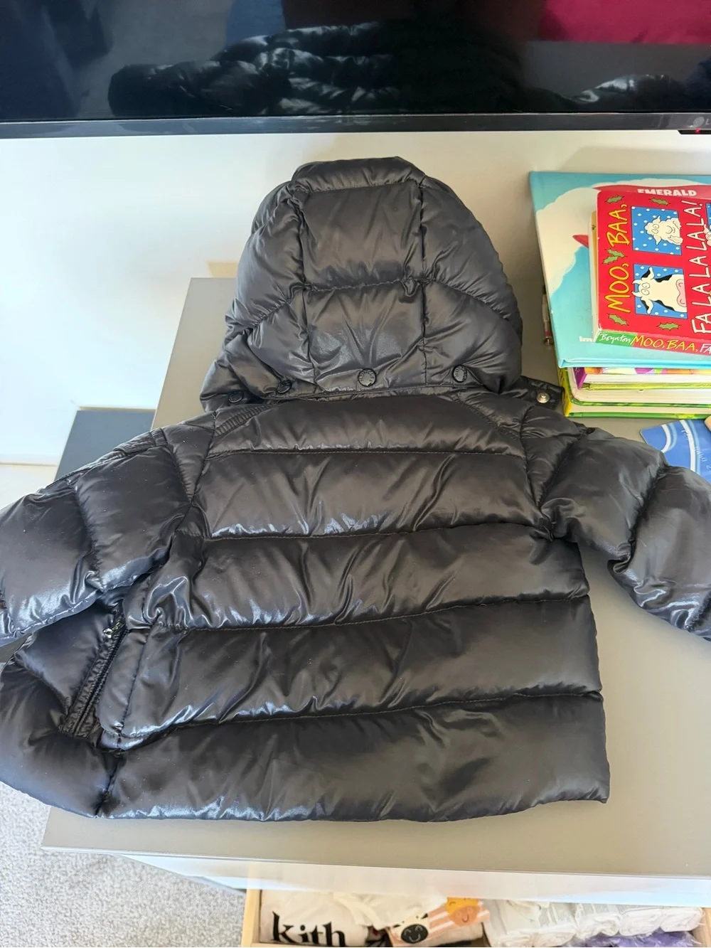 Moncler Black Shiny Quilted Down Jacket with Comic Label
